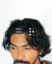 Close-up of a person with O'DOUDS CONDITIONING CREAM styled hair against a white background