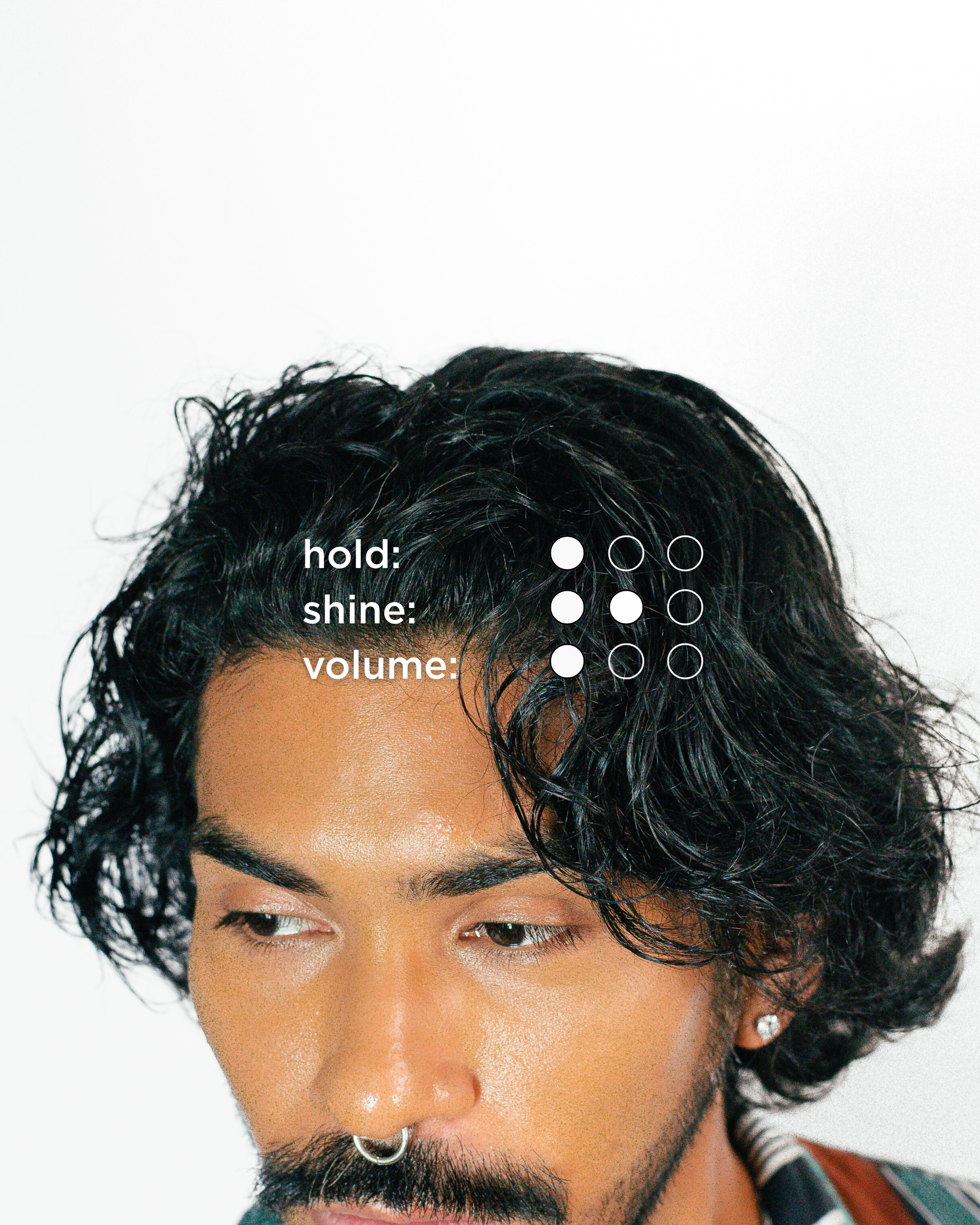 Close-up of a person with O'DOUDS CONDITIONING CREAM styled hair against a white background