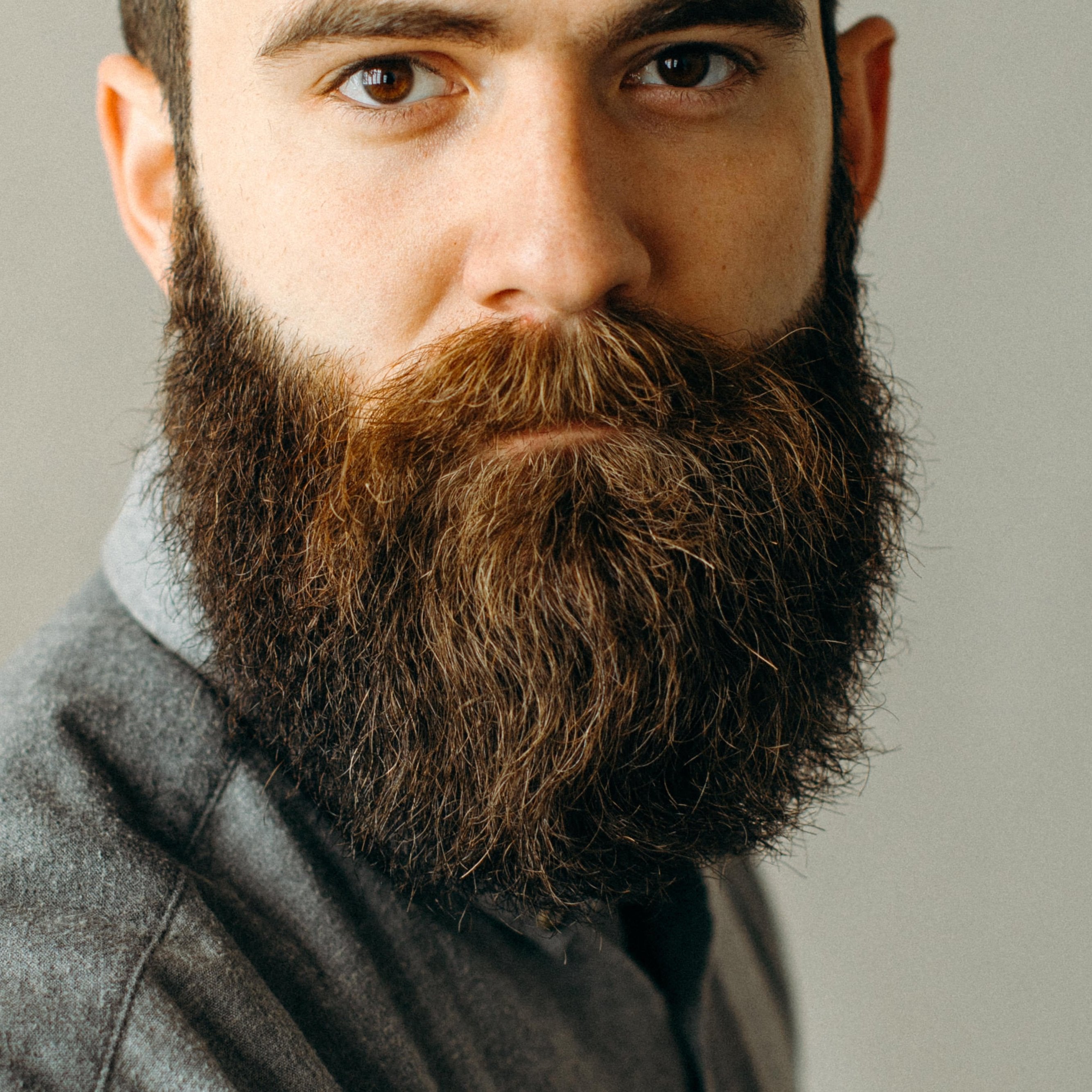 Young white male headshot brown styled hair and long full beard on grey backdrop