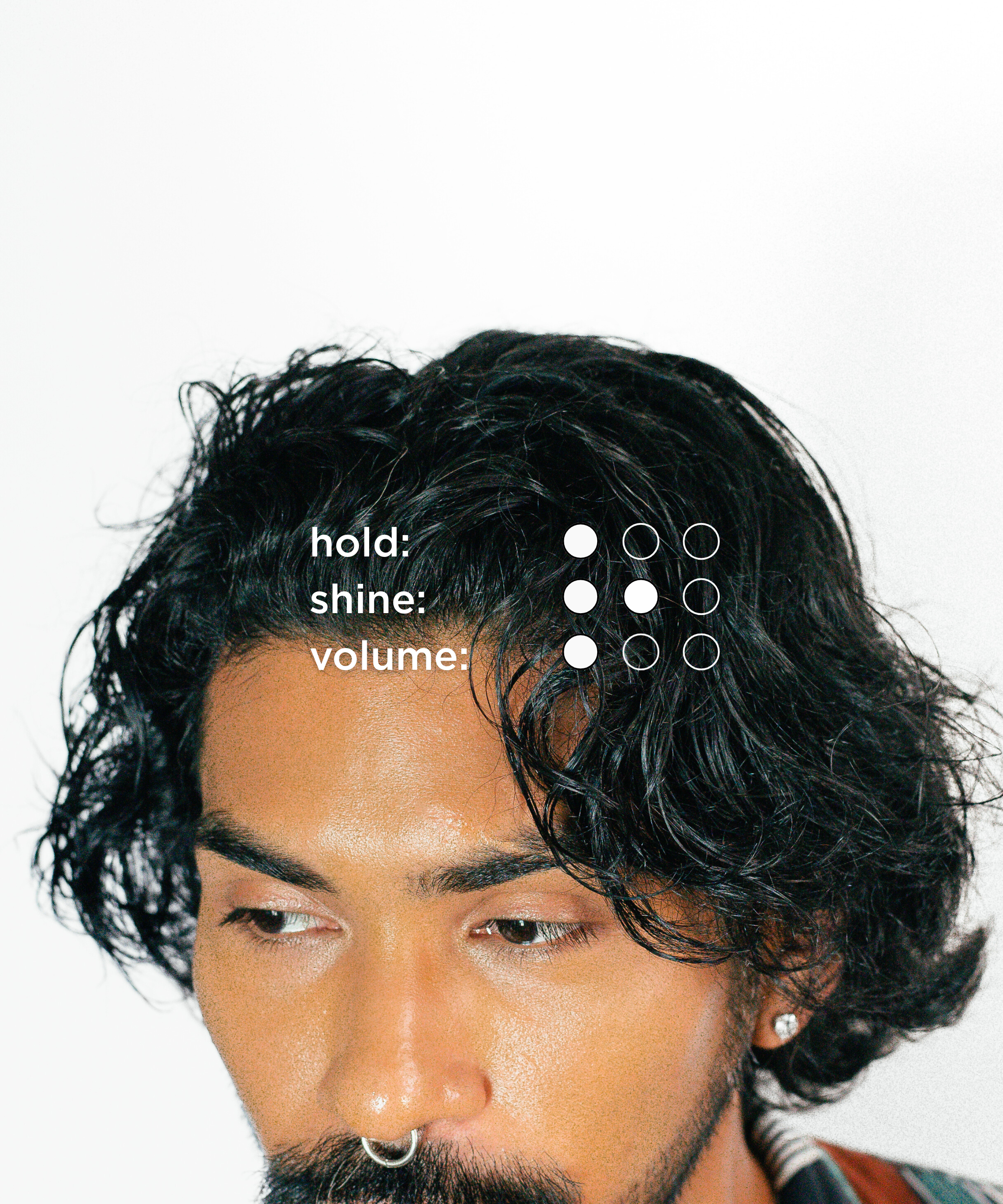 Close-up of a person with O'DOUDS CONDITIONING CREAM styled hair against a white background
