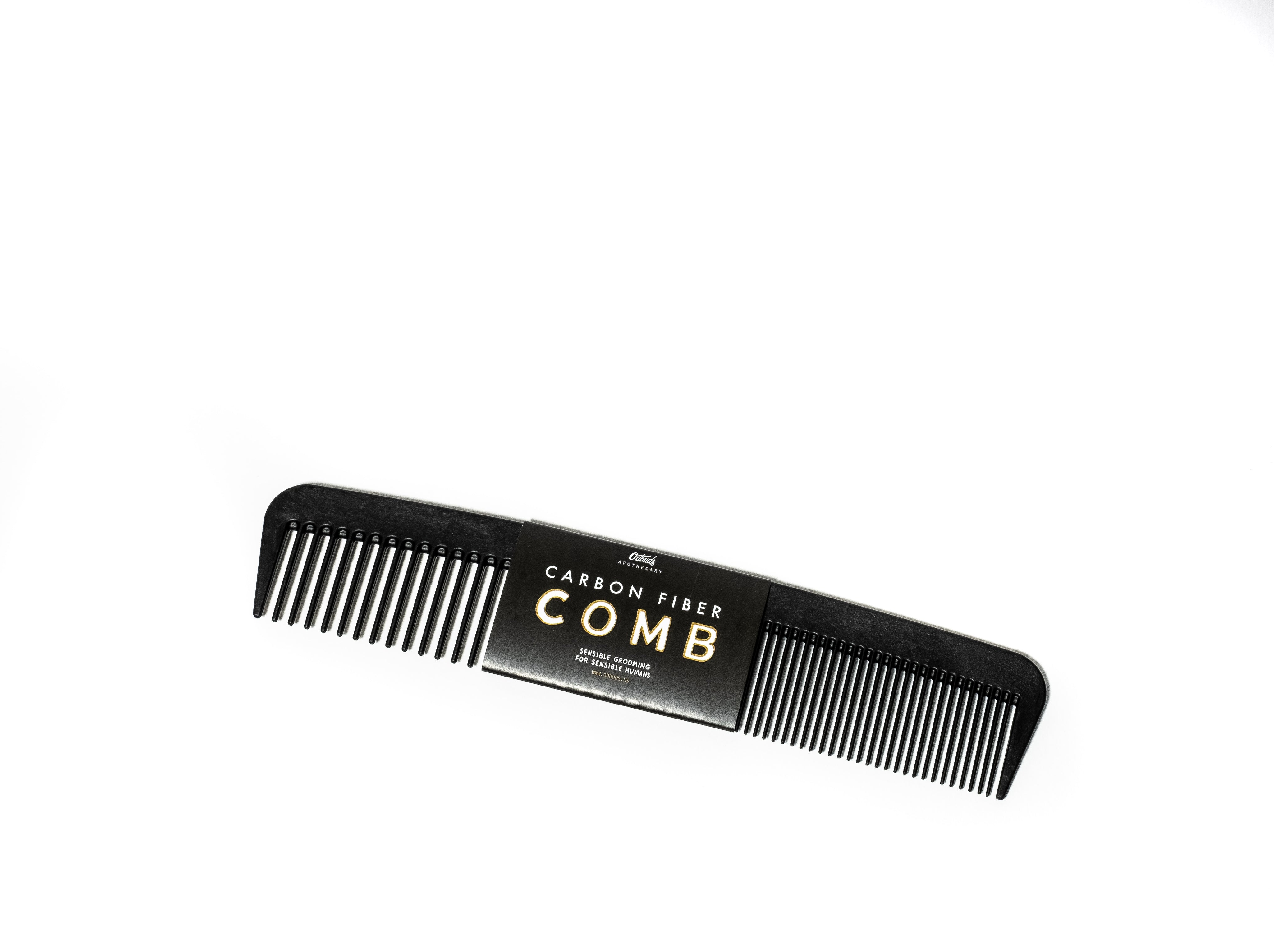 Black carbon fiber wide and fine tooth comb on white background